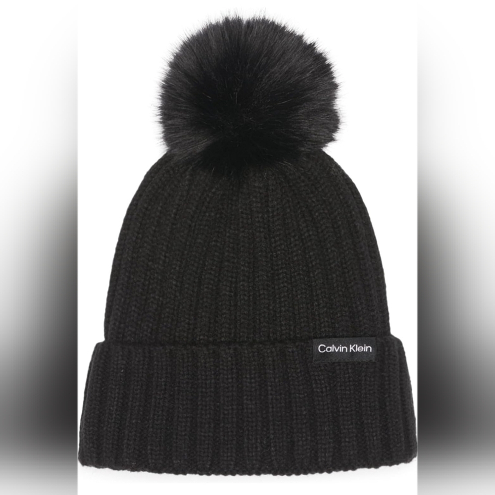 Calvin Klein Women's Faux Fur Pom Knit Beanie Cold Weather Super Soft Hat Black
